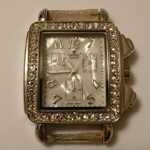 Vintage Cannes Rhinestone Bezel Silver Tone MOP Dial Quartz Watch Japan Movt